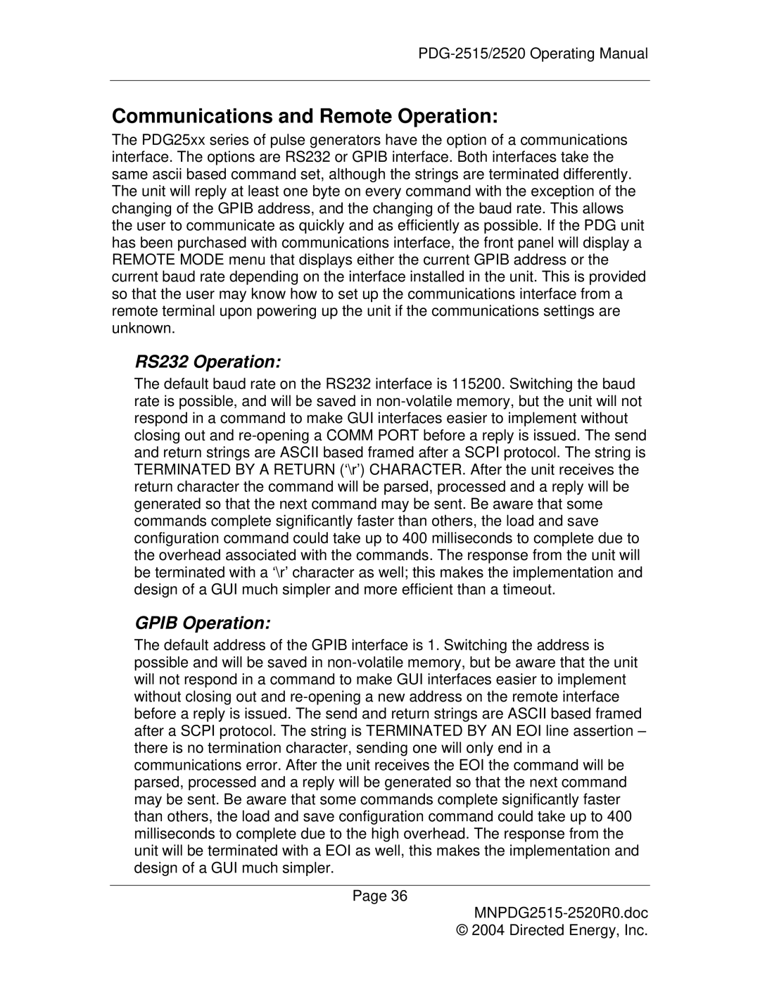 Directed Electronics PDG-2515/2520 manual Communications and Remote Operation, RS232 Operation, Gpib Operation 