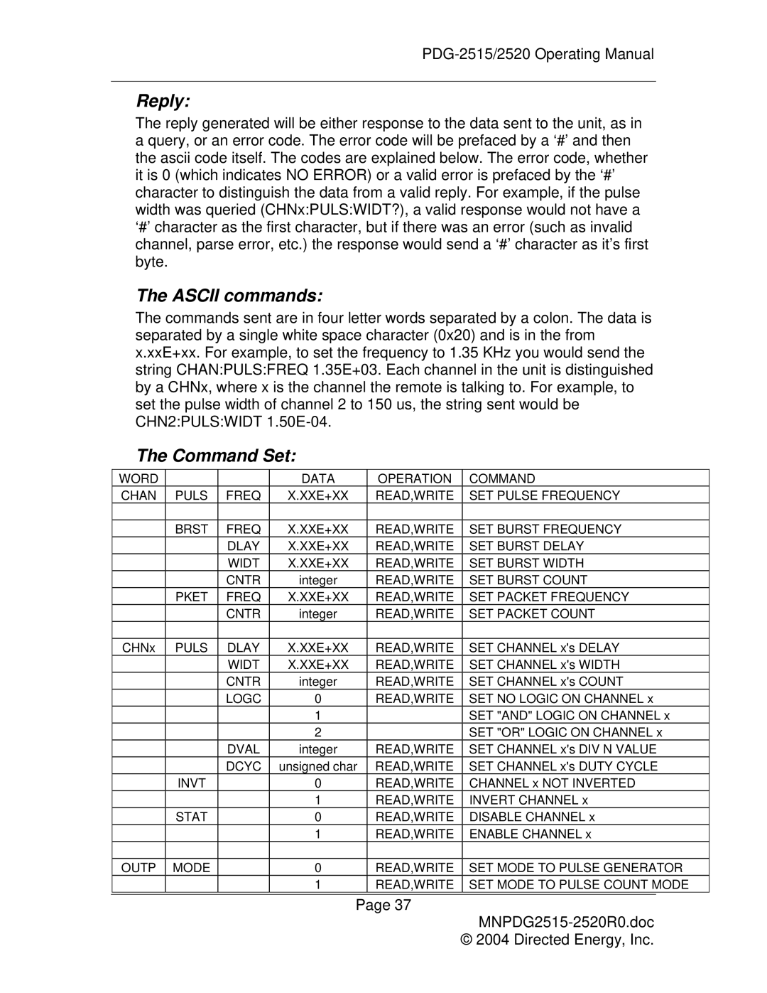 Directed Electronics PDG-2515/2520 manual Reply, Ascii commands, Command Set 