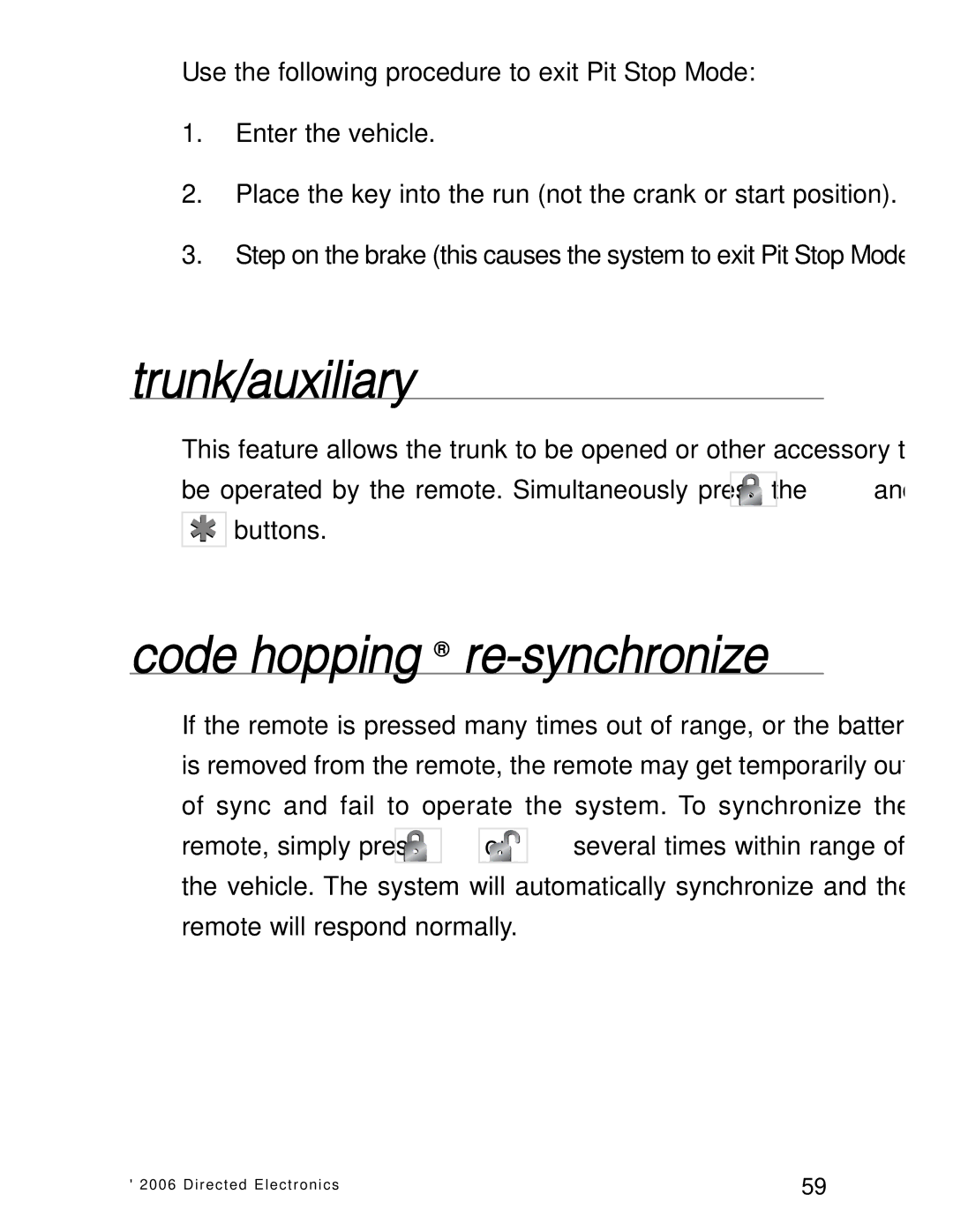 Directed Electronics Ready Remote manual Trunk/auxiliary, Code hopping re-synchronize 