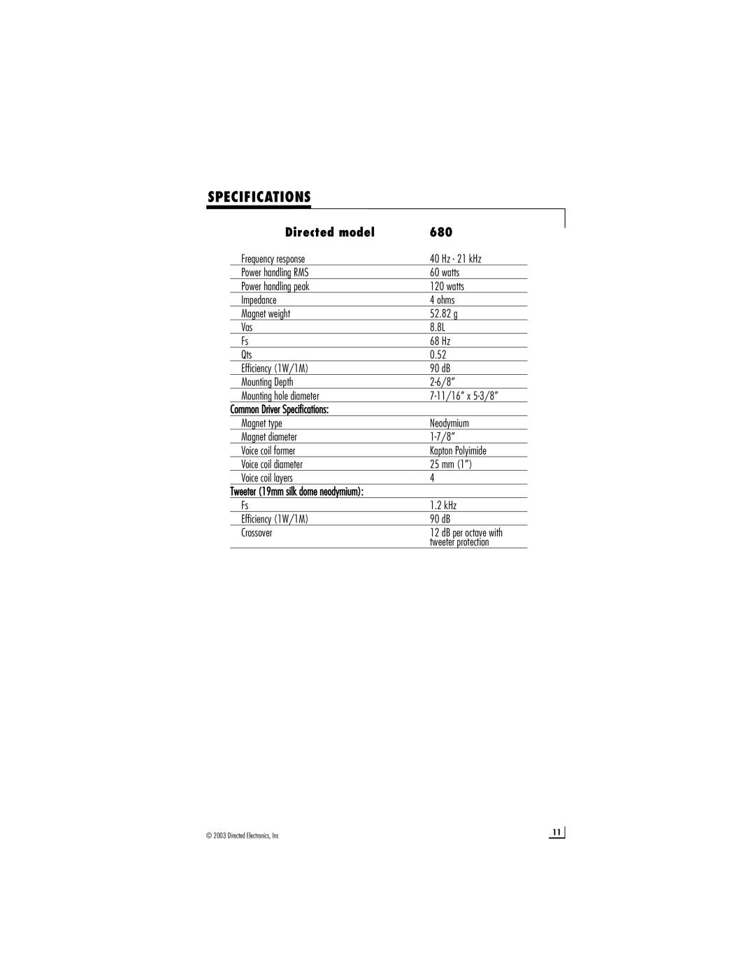 Directed Electronics s680 manual Specifications, Directed model 680 