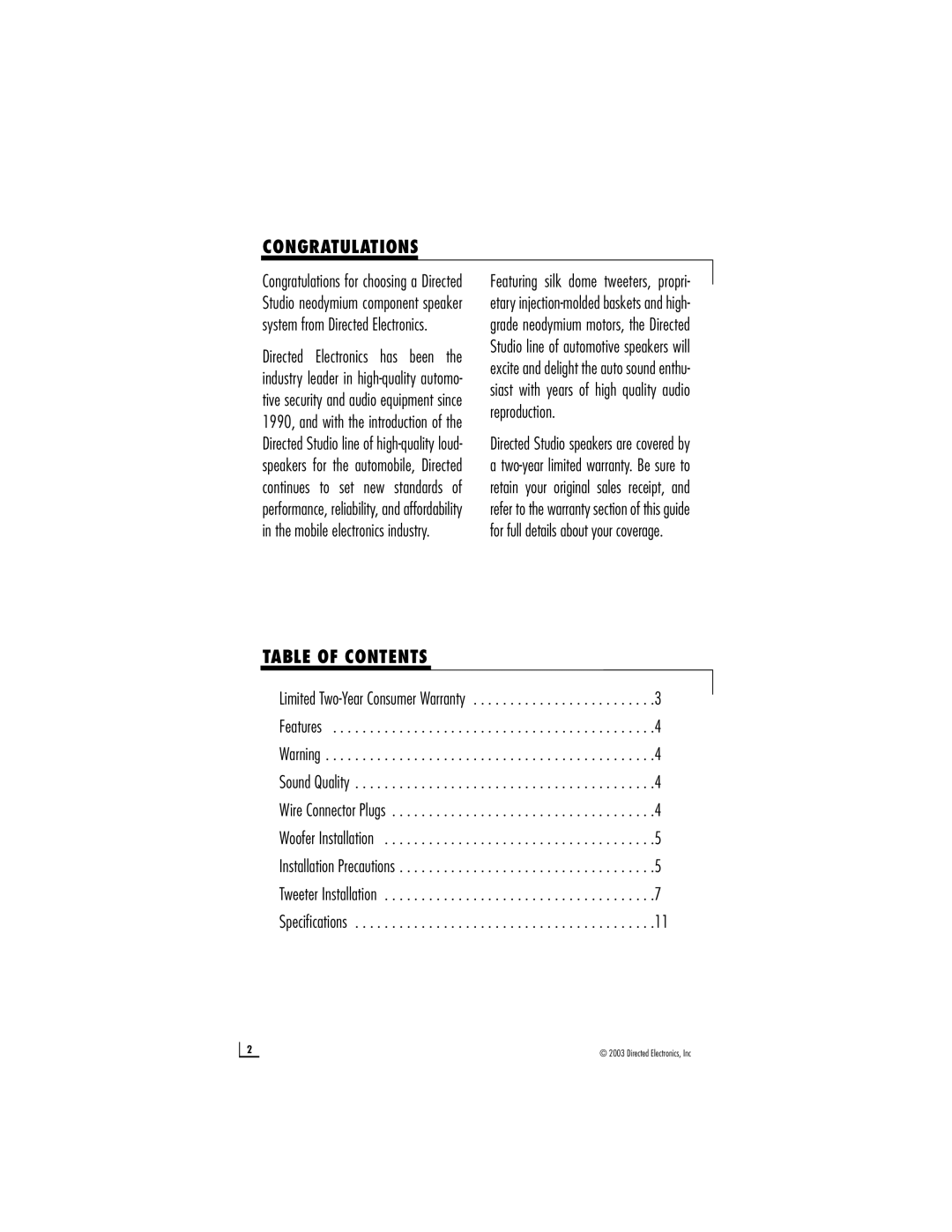 Directed Electronics s680 manual Congratulations, Table of Contents 