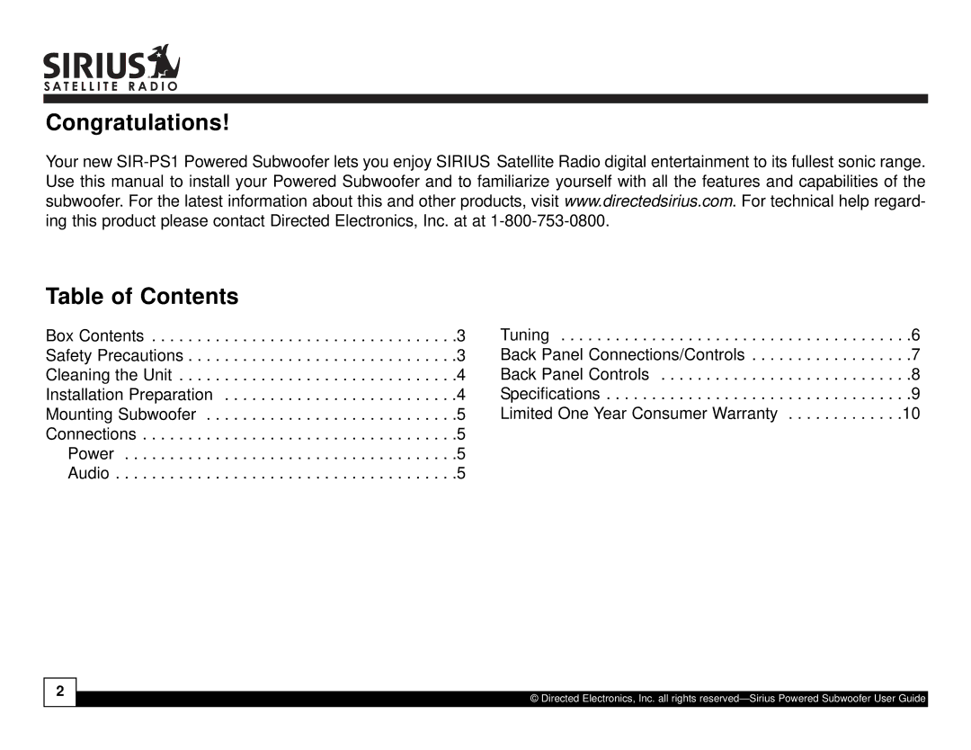 Directed Electronics SIR-PS1 manual Congratulations Table of Contents 