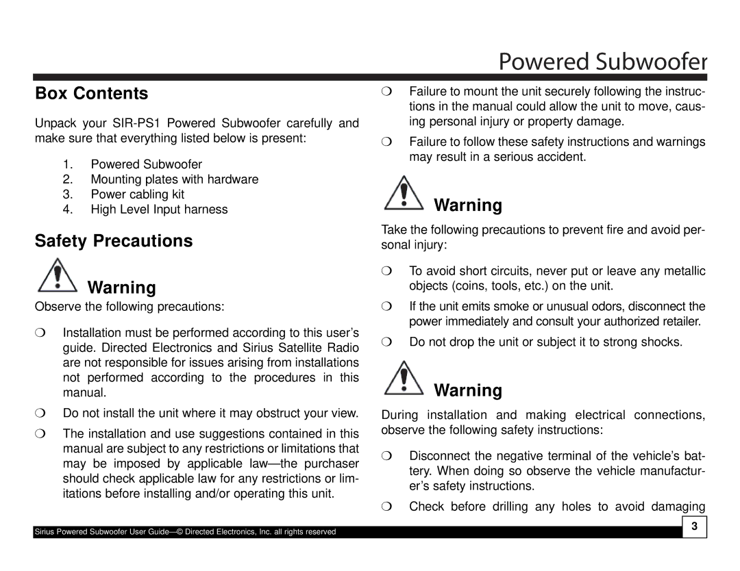 Directed Electronics SIR-PS1 manual Box Contents, Safety Precautions 