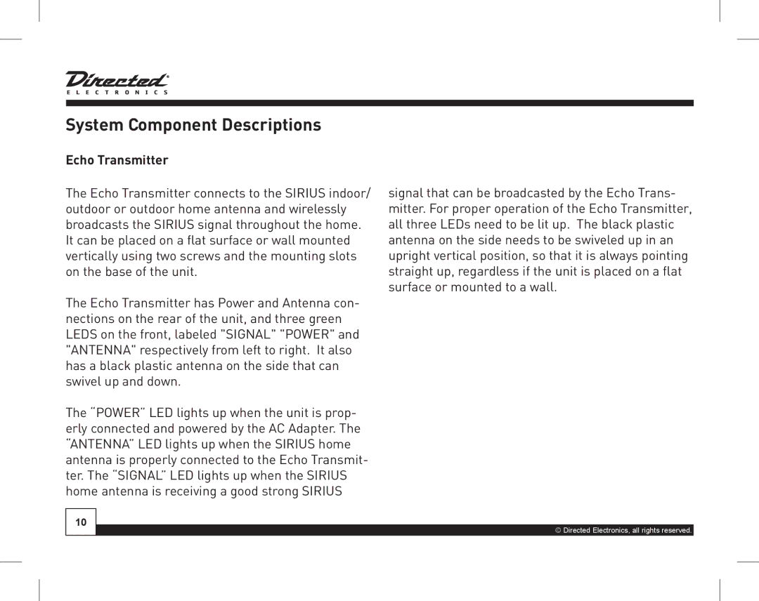 Directed Electronics SIR-WRS1 manual System Component Descriptions, Echo Transmitter 