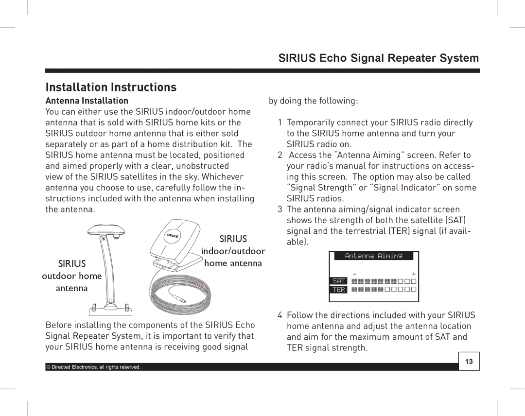 Directed Electronics SIR-WRS1 manual Installation Instructions, Antenna Installation 