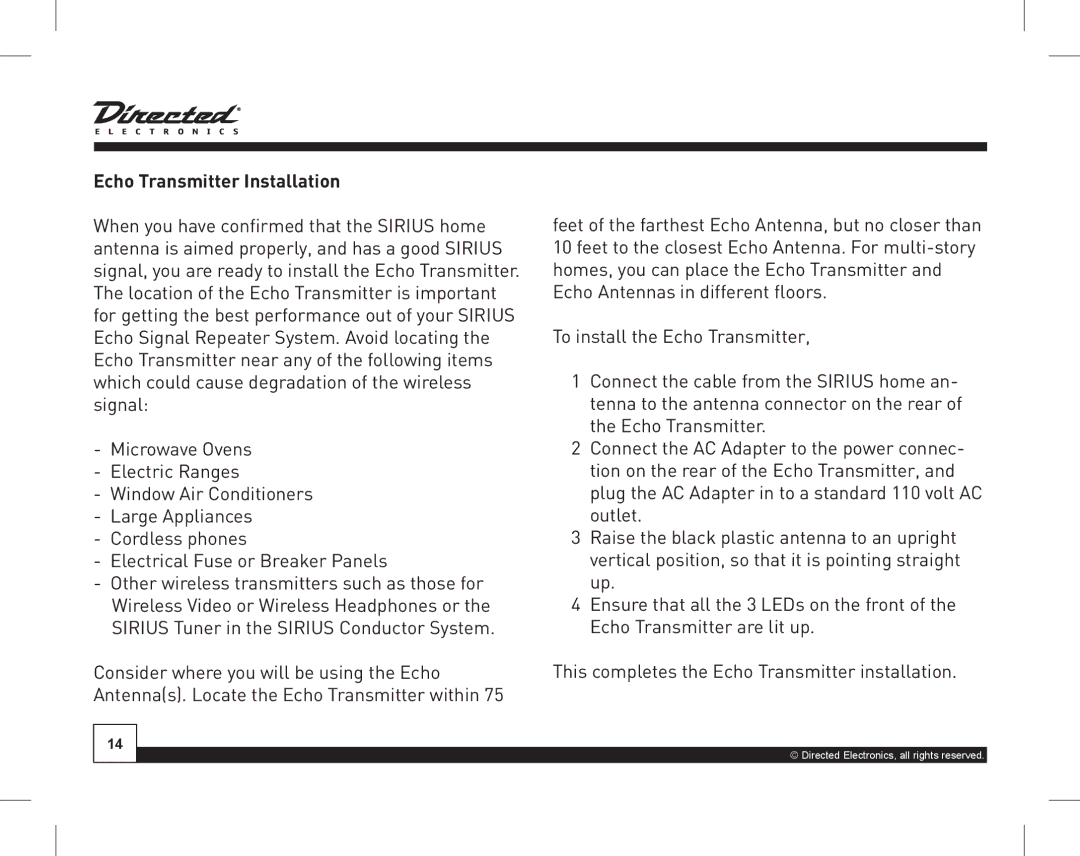 Directed Electronics SIR-WRS1 manual Echo Transmitter Installation 