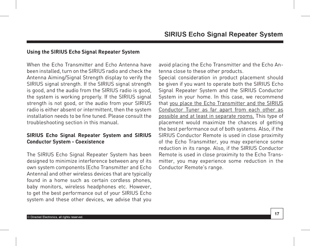 Directed Electronics SIR-WRS1 manual Using the Sirius Echo Signal Repeater System 