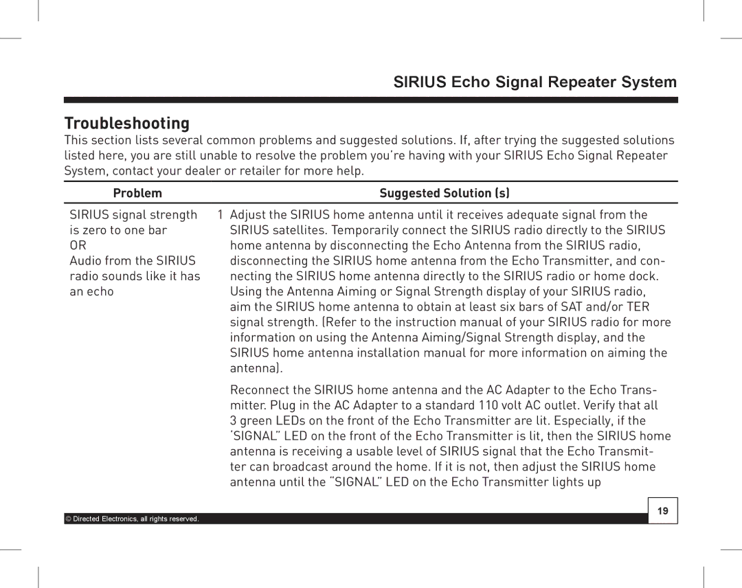 Directed Electronics SIR-WRS1 manual Troubleshooting, Problem Suggested Solution s 