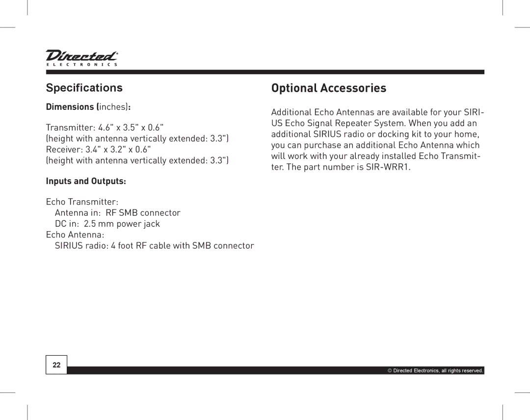 Directed Electronics SIR-WRS1 manual Optional Accessories, Dimensions inches, Inputs and Outputs 