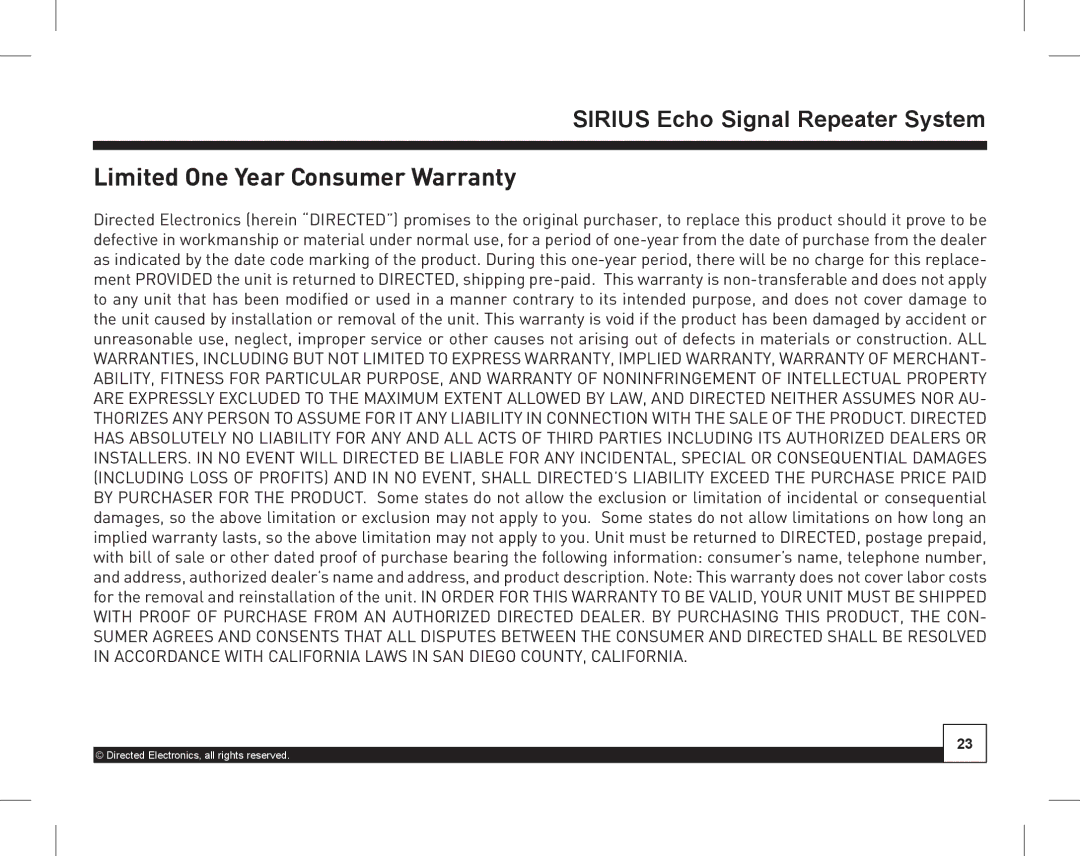 Directed Electronics SIR-WRS1 manual Limited One Year Consumer Warranty 