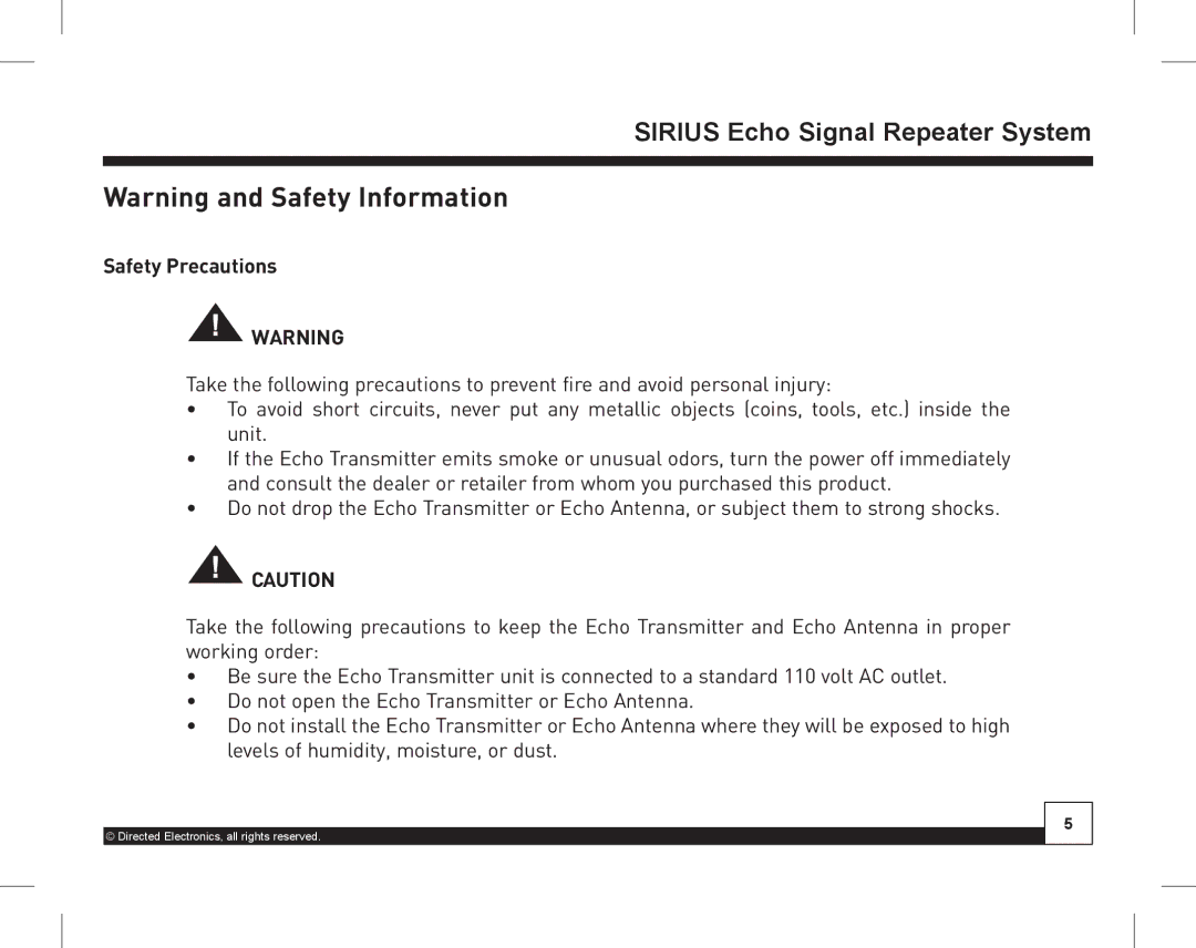 Directed Electronics SIR-WRS1 manual SIRIUSDesktopEcho SignalDockingRepeaterStationSystem, Safety Precautions 