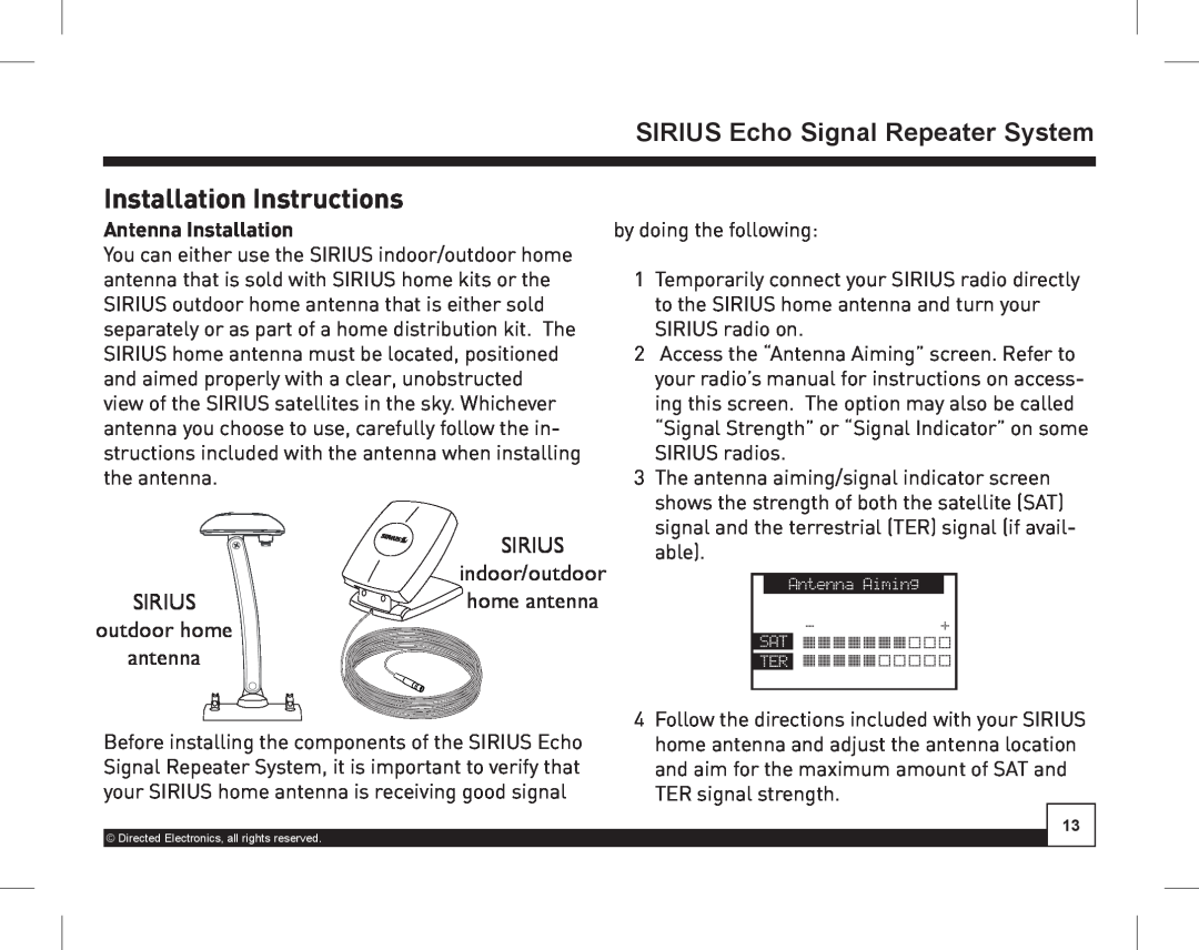 Directed Electronics SIR-WRS1 manual Installation Instructions, Antenna Installation, Sirius, indoor/outdoor, outdoor home 