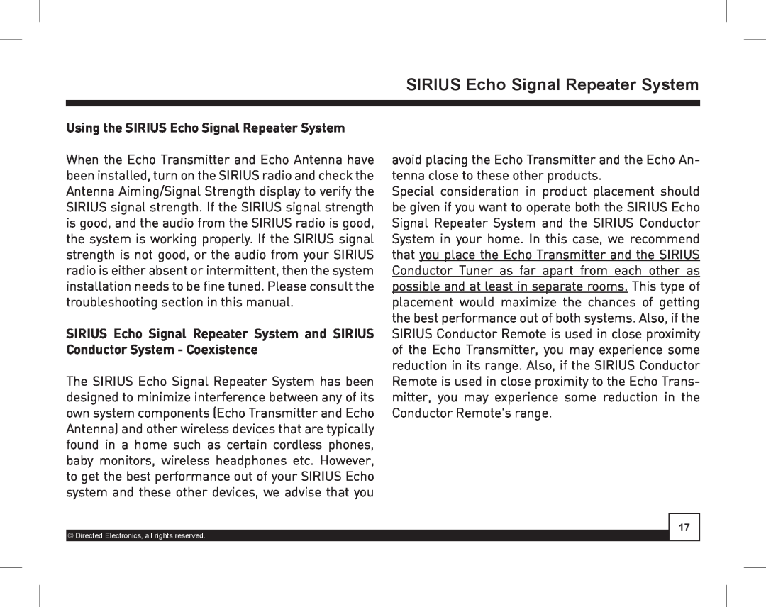 Directed Electronics SIR-WRS1 manual Using the SIRIUS Echo Signal Repeater System 
