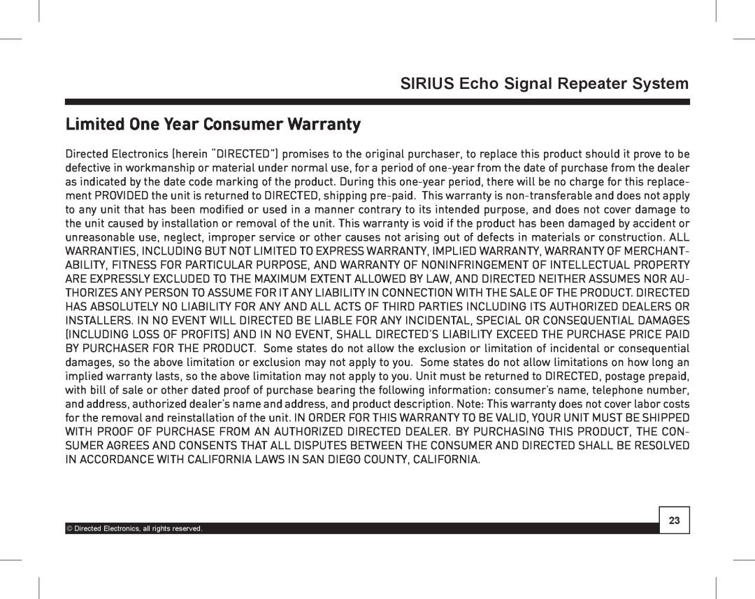 Directed Electronics SIR-WRS1 Limited One Year Consumer Warranty, SIRIUSDesktopEcho SignalDockingRepeaterStationSystem 