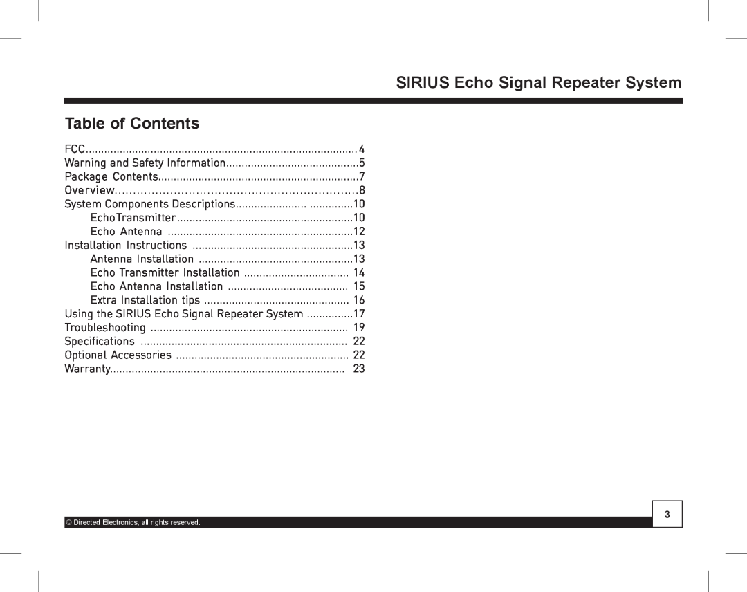 Directed Electronics SIR-WRS1 manual SIRIUSDesktopEcho SignalDockingRepeaterStationSystem, Table of Contents, Warranty 