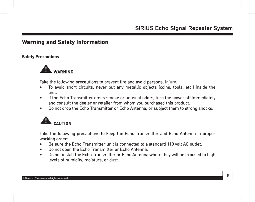 Directed Electronics SIR-WRS1 manual Warning and Safety Information, Safety Precautions 