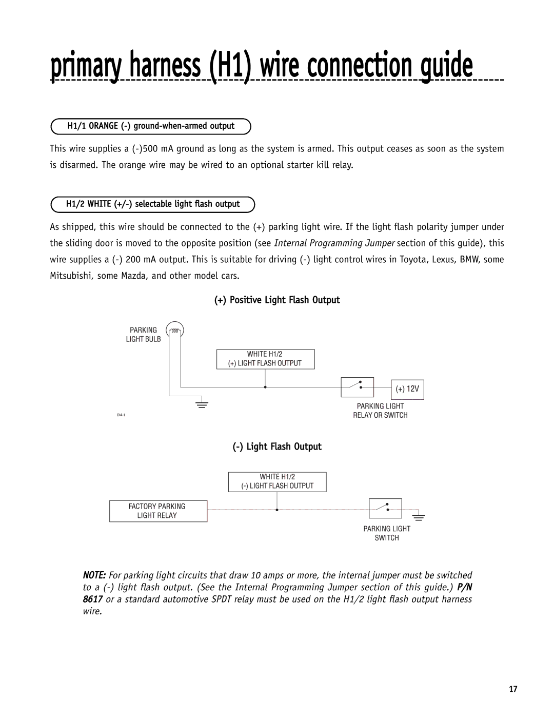 Directed Electronics SR6000 manual Primary harness H1 wire connection guide 