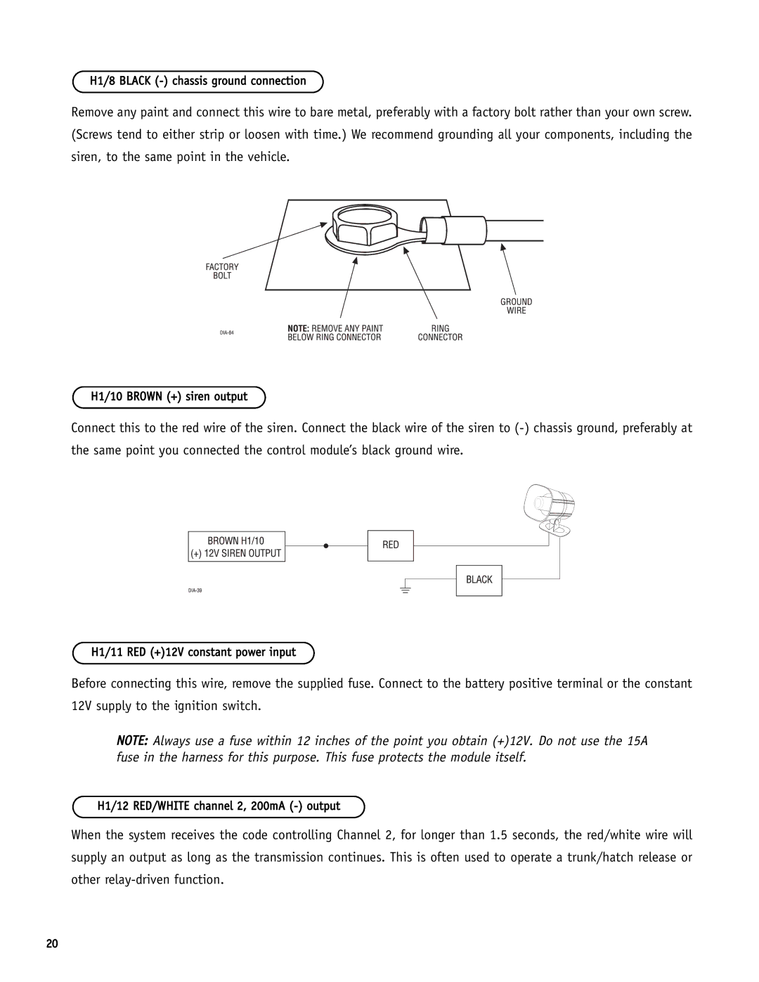 Directed Electronics SR6000 manual H1/8 Black chassis ground connection 