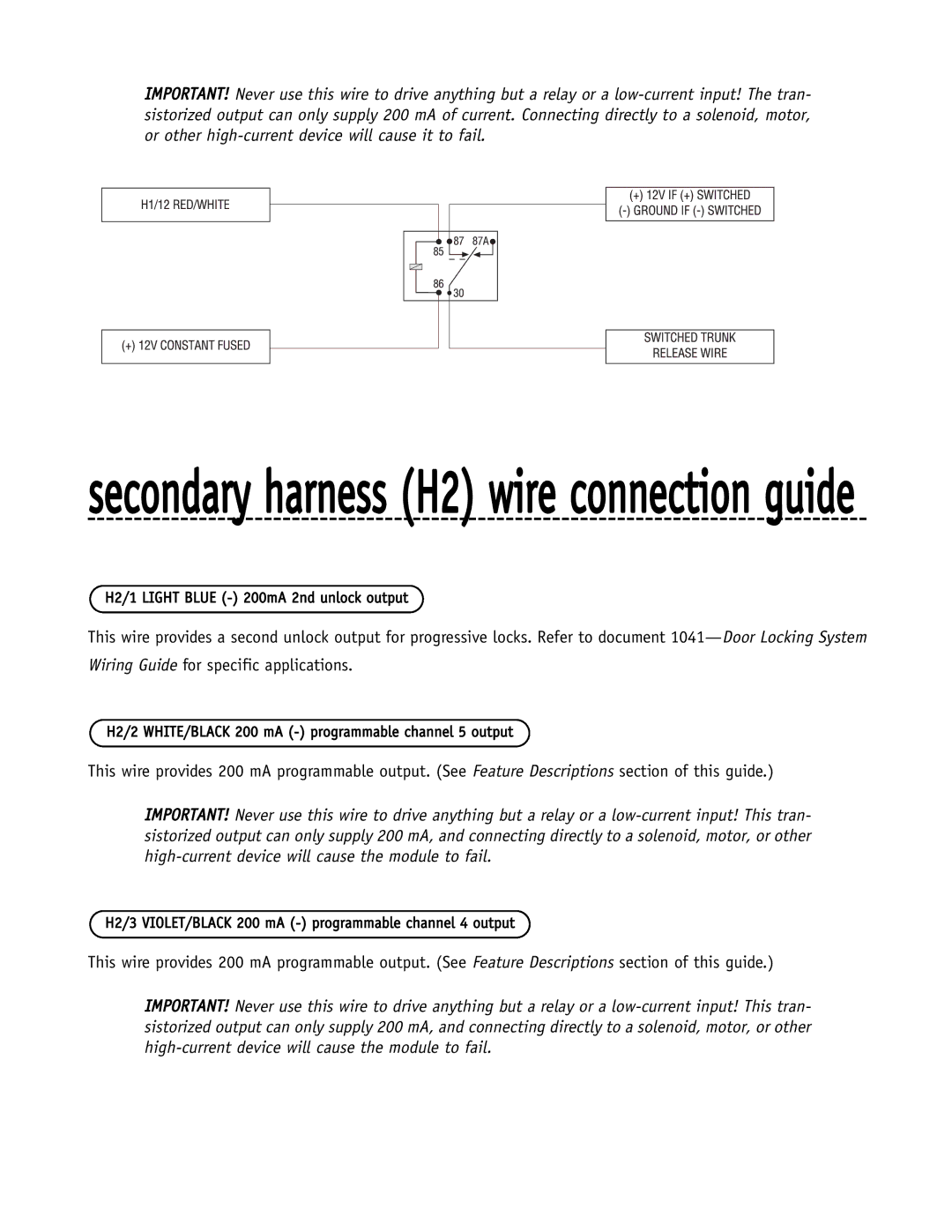 Directed Electronics SR6000 manual Secondary harness H2 wire connection guide 