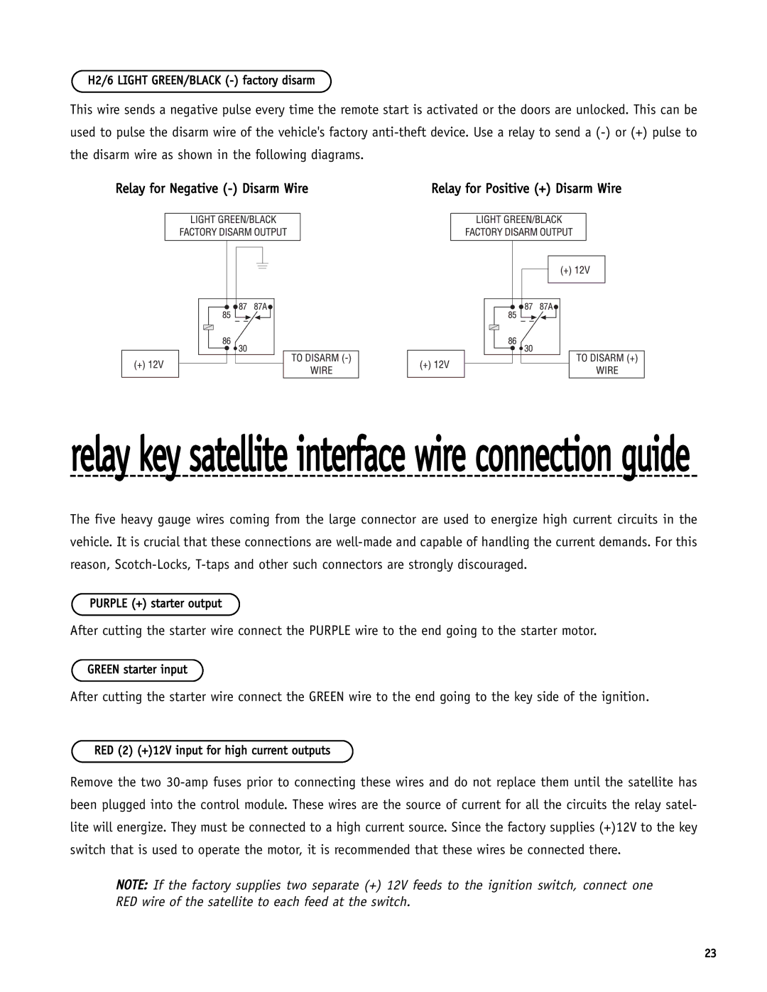 Directed Electronics SR6000 manual Relay key satellite interface wire connection guide 