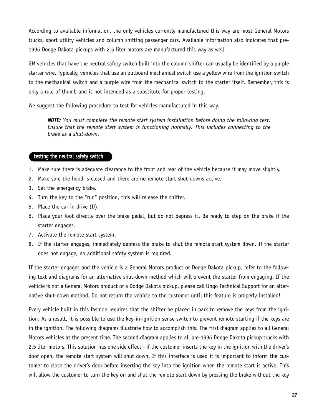 Directed Electronics SR6000 manual Testing the neutral safety switch 