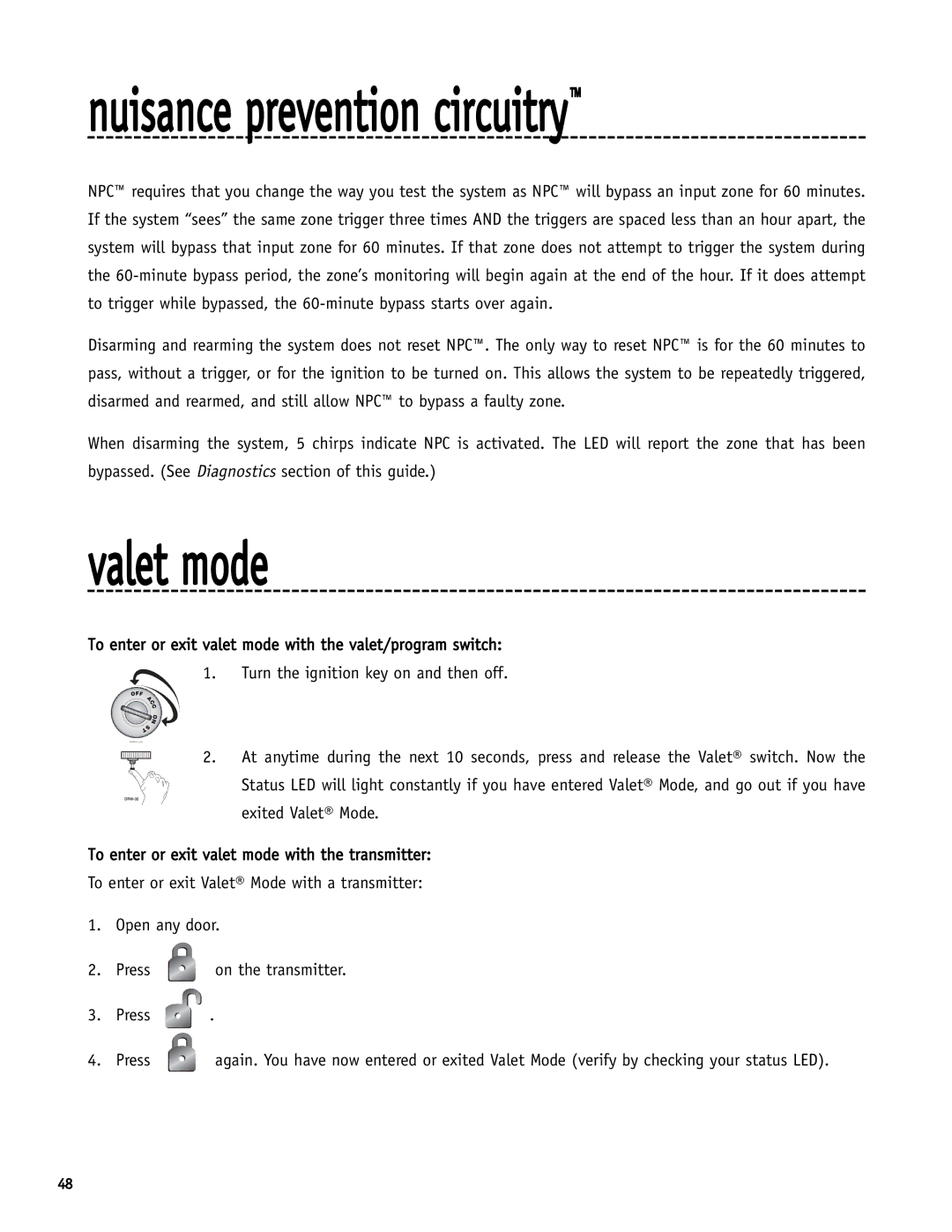 Directed Electronics SR6000 manual Nuisance prevention circuitry, Valet mode 