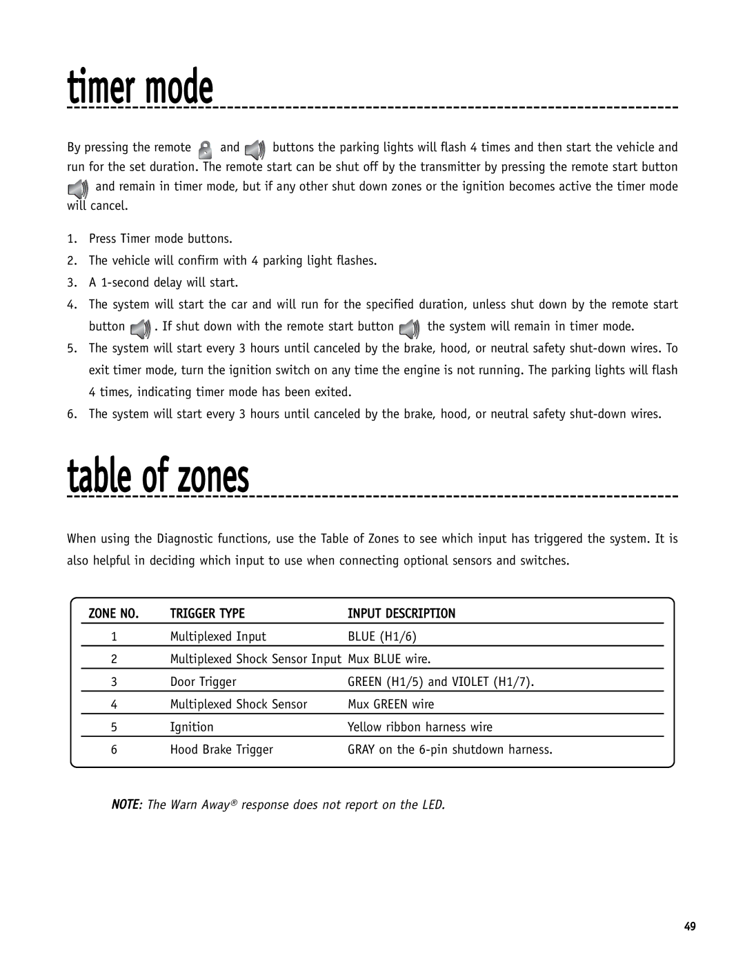 Directed Electronics SR6000 manual Timer mode, Table of zones 