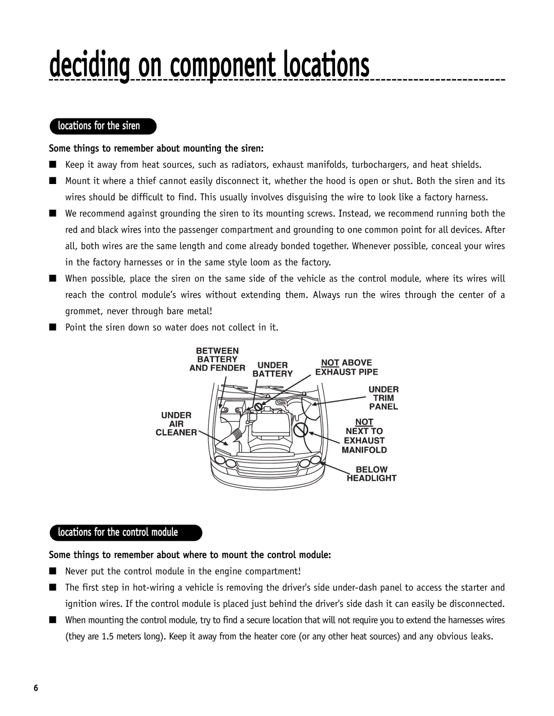 Directed Electronics SR6000 manual Locations for the siren, Locations for the control module 