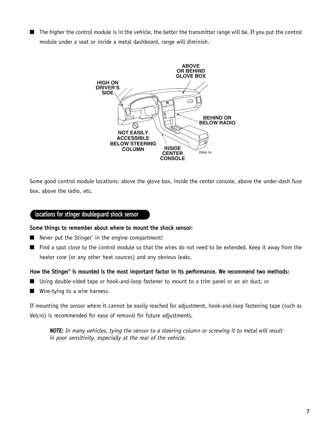 Directed Electronics SR6000 manual Locations for stinger doubleguard shock sensor 