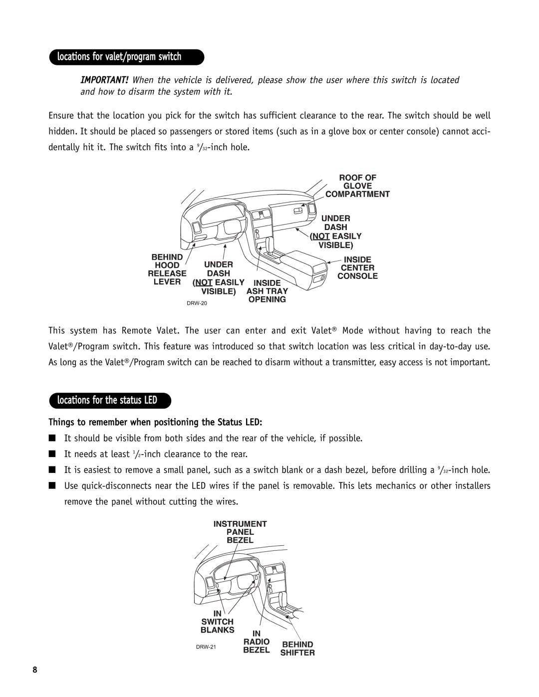 Directed Electronics SR6000 manual Locations for valet/program switch, Locations for the status LED 