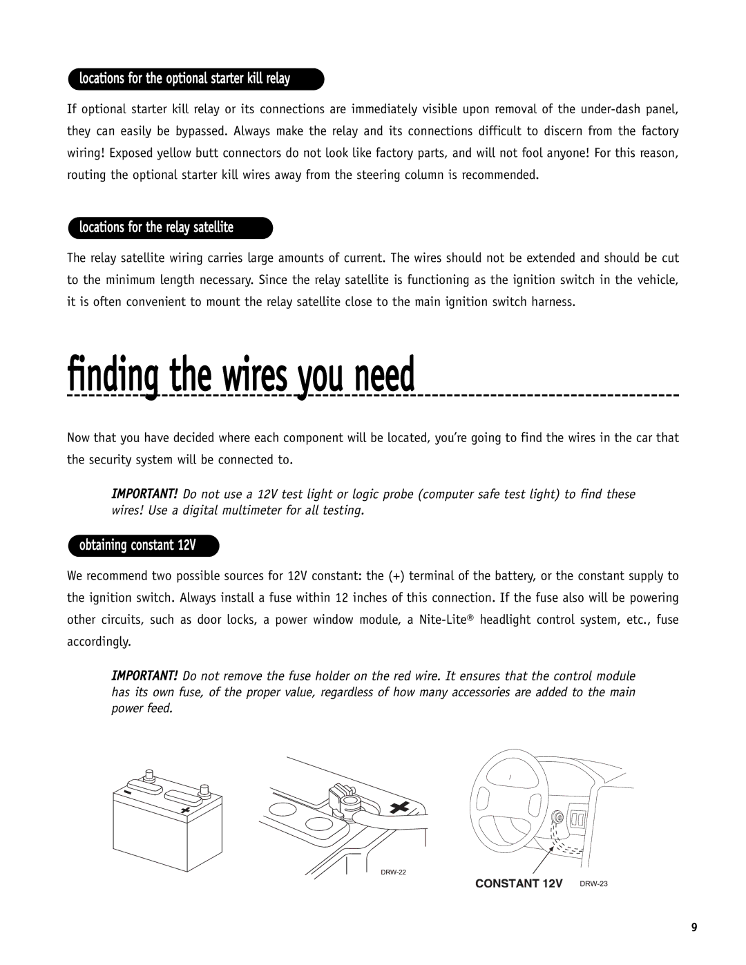 Directed Electronics SR6000 Finding the wires you need, Locations for the optional starter kill relay, Obtaining constant 