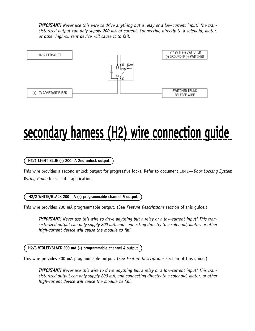 Directed Electronics SR6000 manual secondary harness H2 wire connection guide 