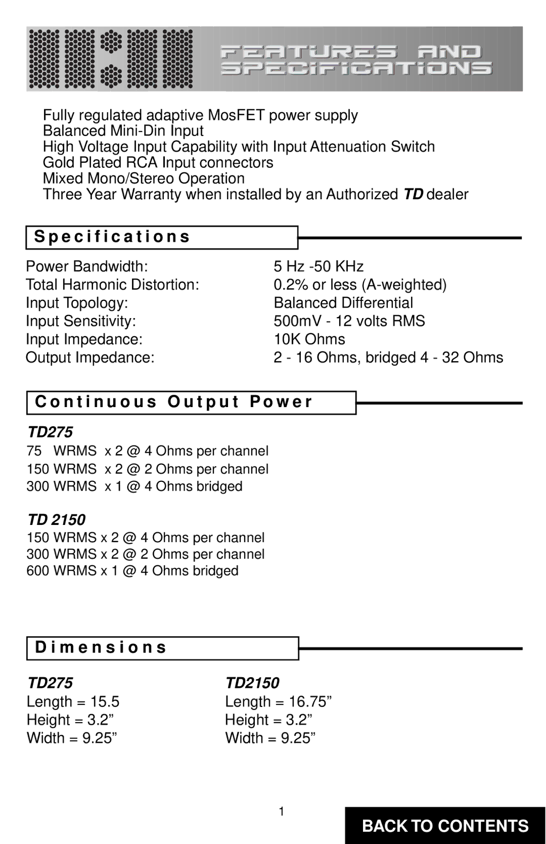 Directed Electronics TD275/2150 specifications Specification s, N t i n u o u s O u t p u t P o w e r, M e n s i o n s 