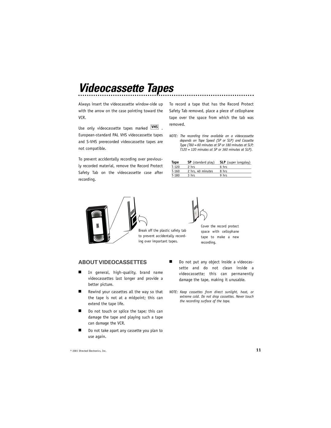 Directed Electronics VC2010 manual Videocassette Tapes, About Videocassettes 