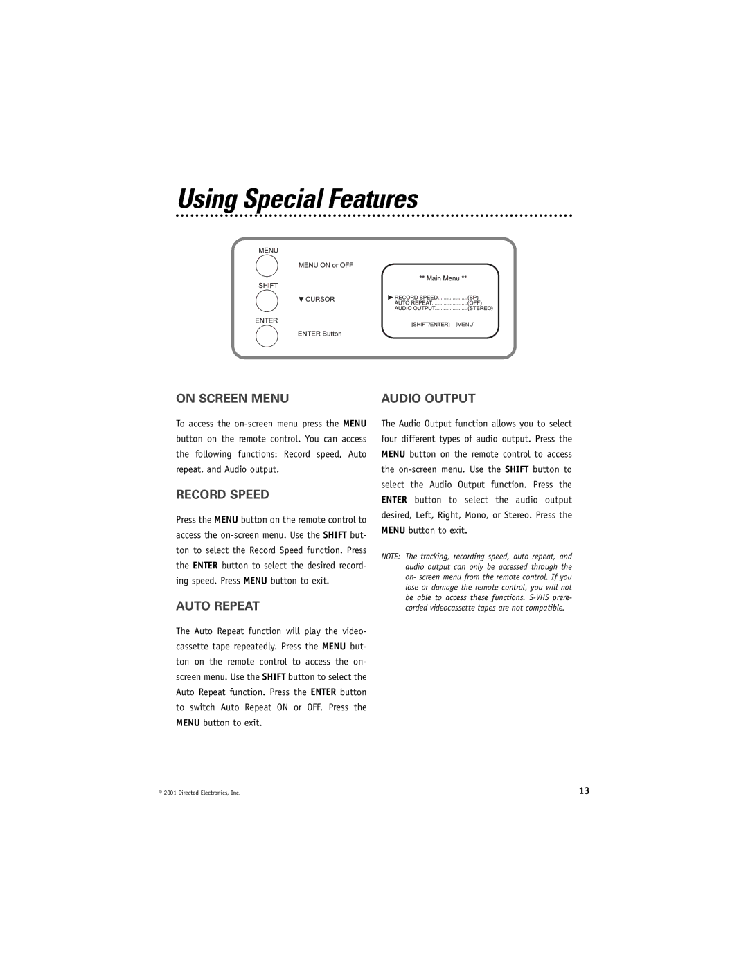 Directed Electronics VC2010 manual On Screen Menu Audio Output, Record Speed, Auto Repeat 