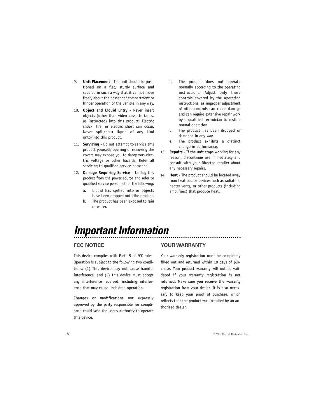 Directed Electronics VC2010 manual Important Information, FCC Notice Your Warranty 