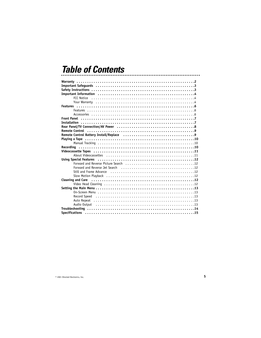 Directed Electronics VC2010 manual Table of Contents 