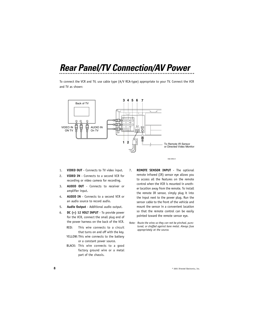 Directed Electronics VC2010 manual Rear Panel/TV Connection/AV Power, Video OUT Connects to TV video input 