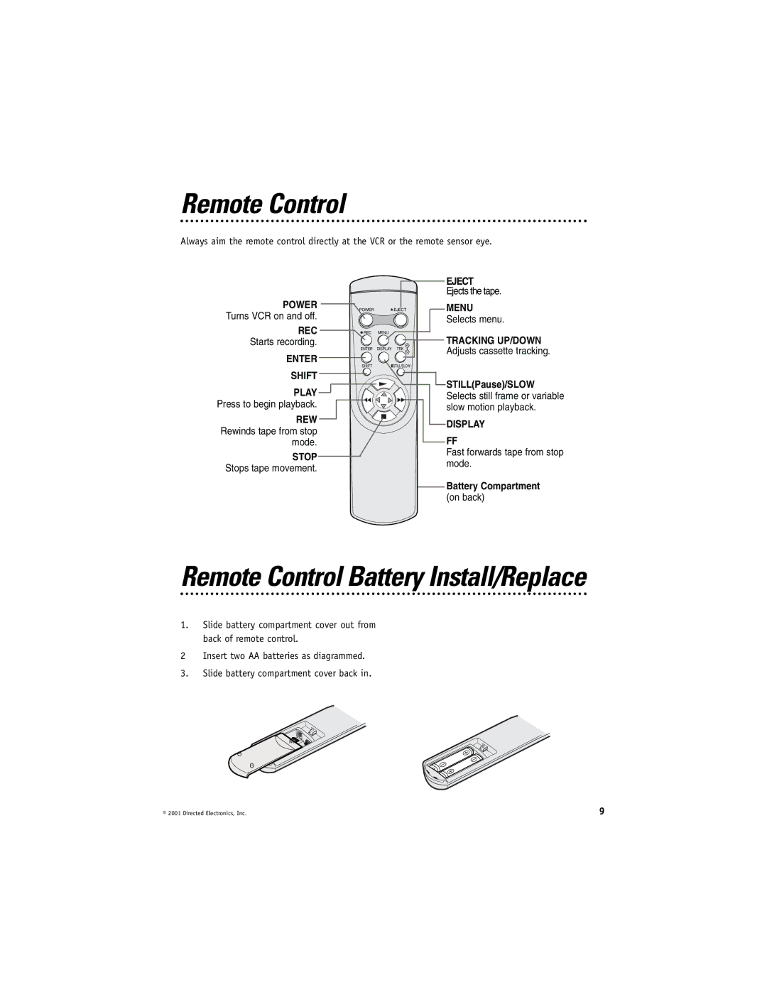 Directed Electronics VC2010 manual Remote Control Battery Install/Replace 