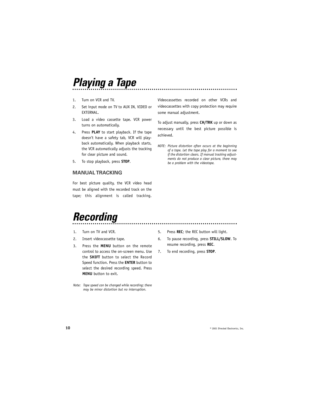 Directed Electronics VC2010 manual Playing a Tape, Recording, Manual Tracking 