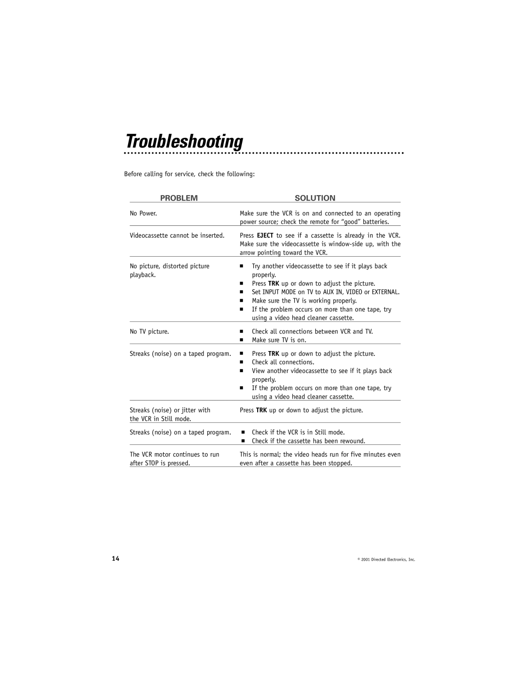 Directed Electronics VC2010 manual Troubleshooting, Problem, Solution 