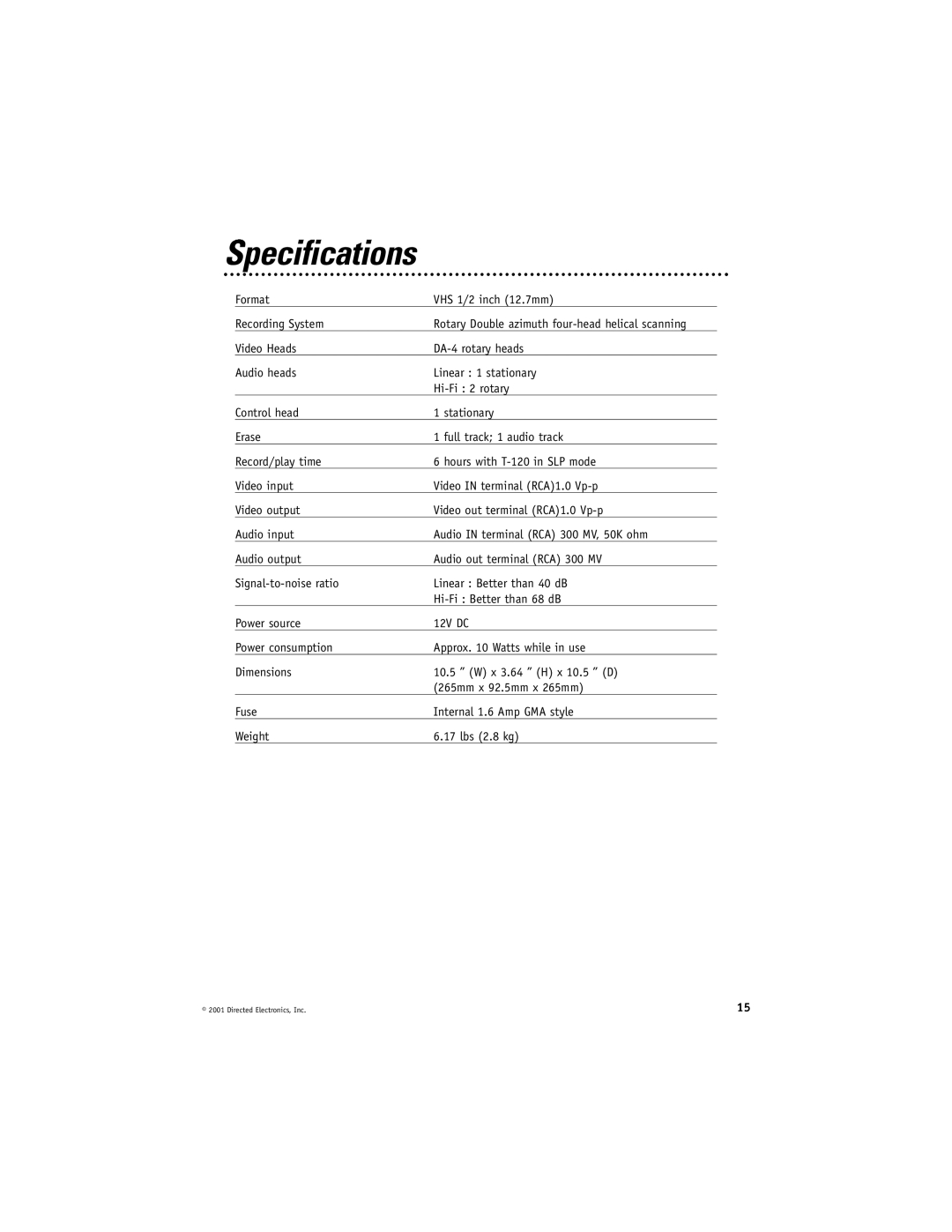 Directed Electronics VC2010 manual Specifications 