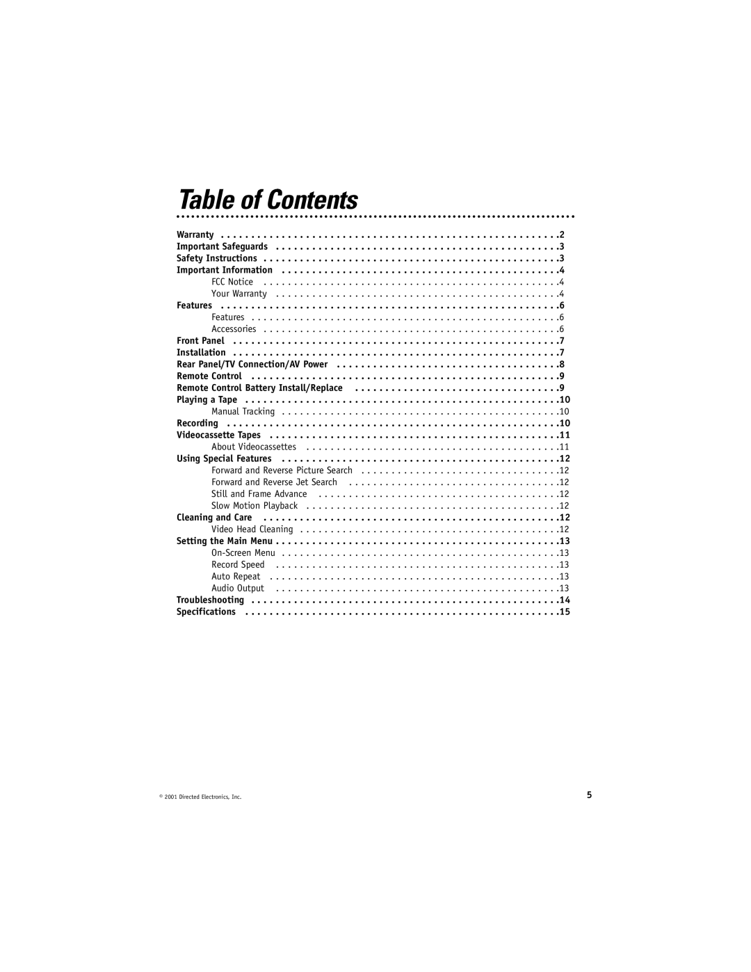 Directed Electronics VC2010 manual Table of Contents, Rear Panel/TV Connection/AV Power 