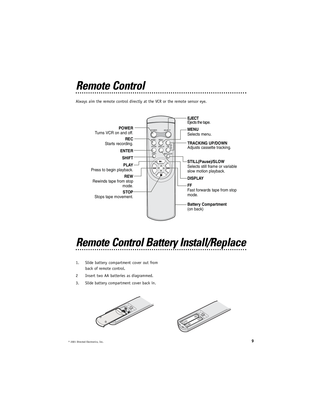 Directed Electronics VC2010 manual Remote Control Battery Install/Replace, Enter Shift, Eject, Menu, Display Ff 