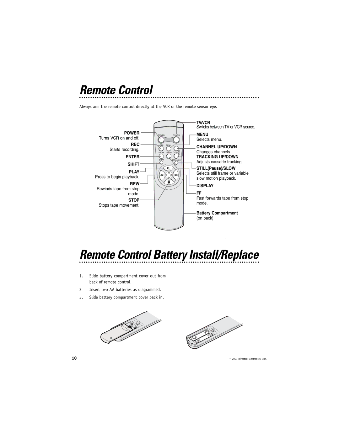 Directed Electronics VC2050 manual Remote Control Battery Install/Replace 