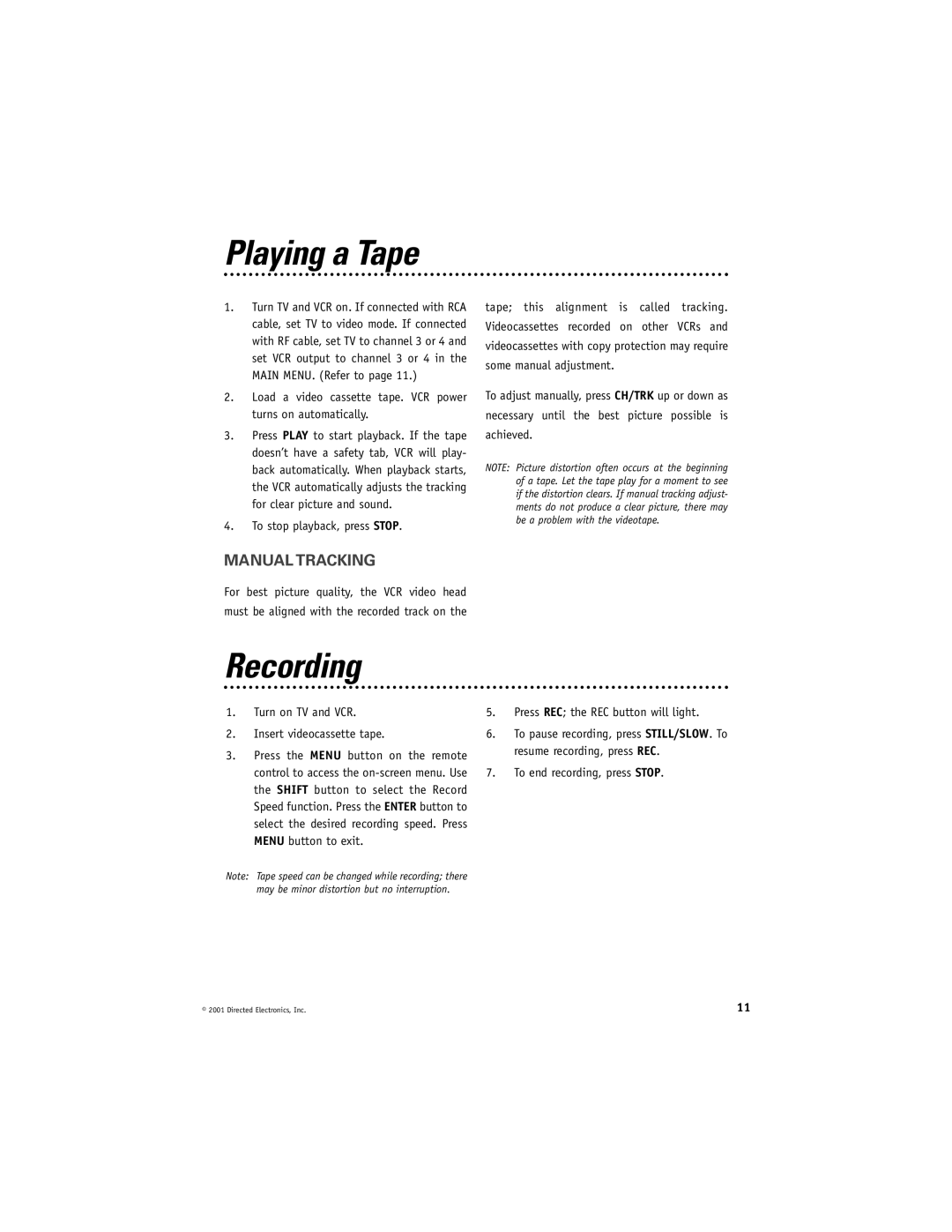 Directed Electronics VC2050 manual Playing a Tape, Recording, Manual Tracking 