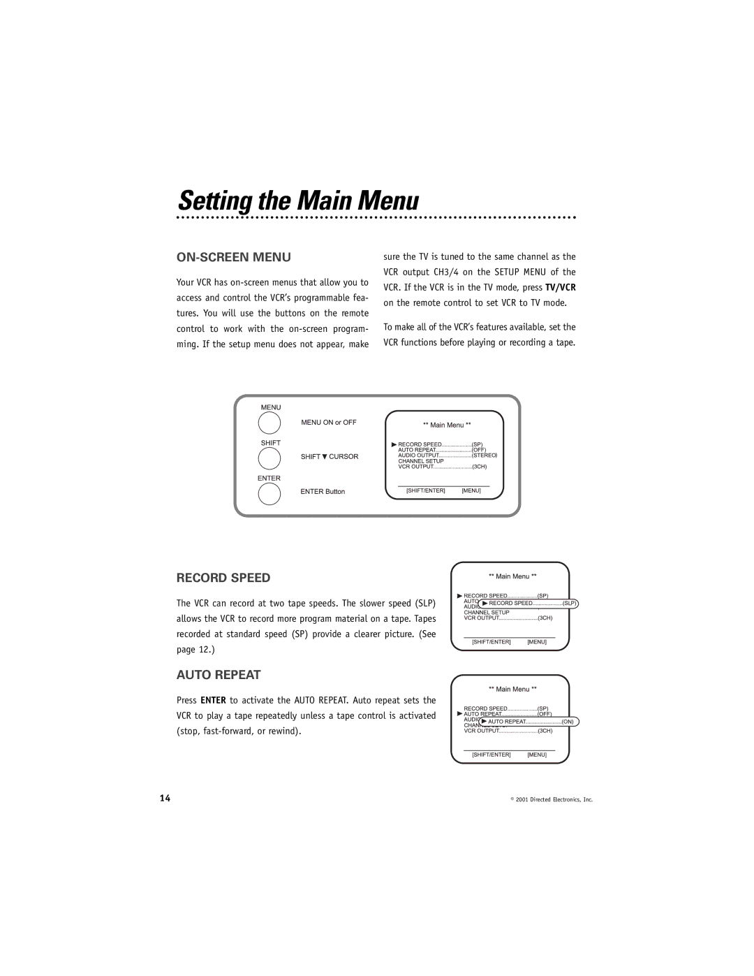 Directed Electronics VC2050 manual Setting the Main Menu, ON-SCREEN Menu, Record Speed, Auto Repeat 