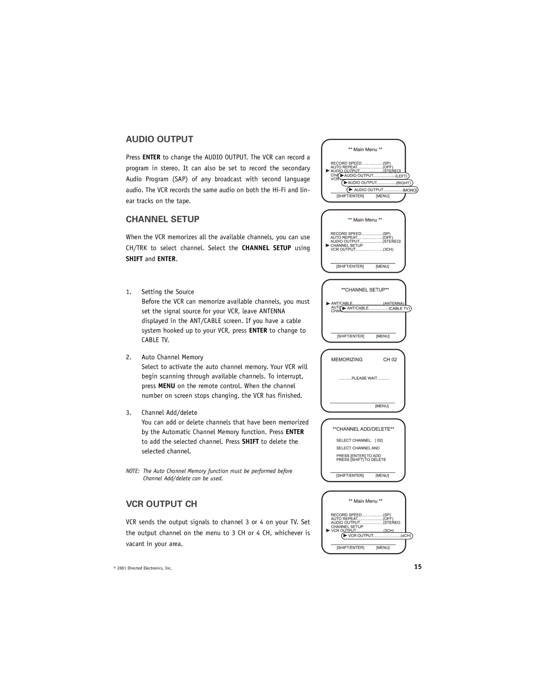 Directed Electronics VC2050 manual Audio Output, Channel Setup, VCR Output CH, Auto Channel Memory 