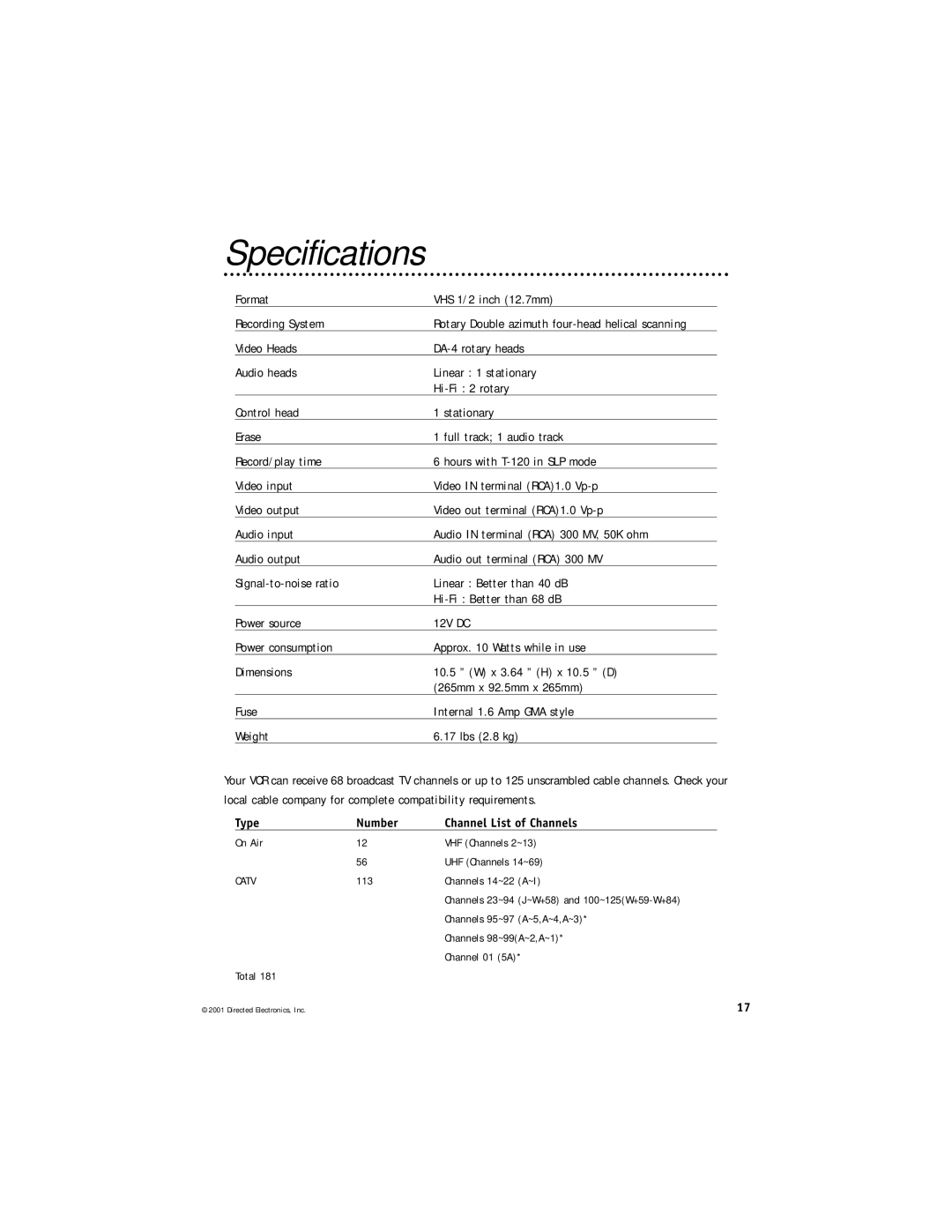 Directed Electronics VC2050 manual Specifications, Type Number Channel List of Channels 