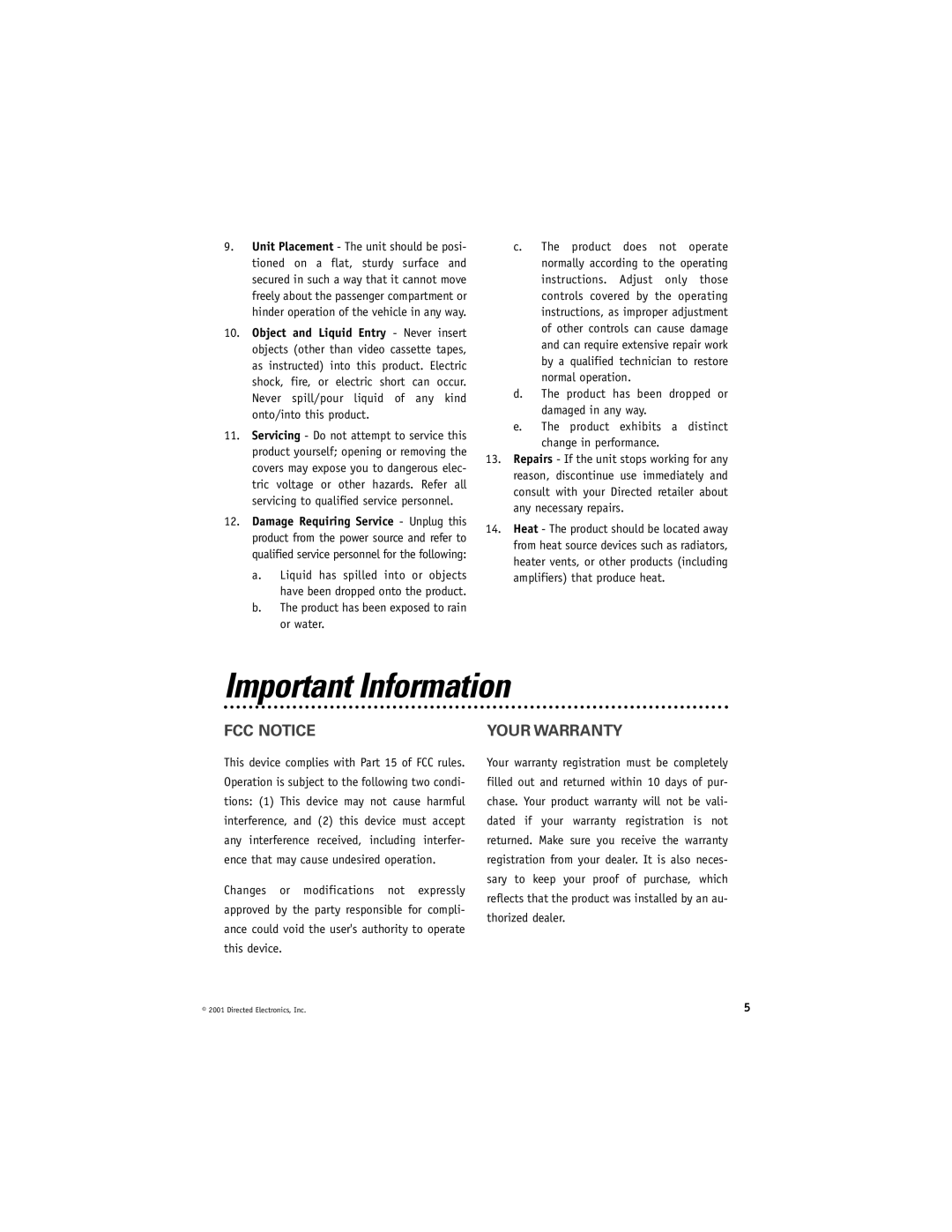 Directed Electronics VC2050 manual Important Information, FCC Notice Your Warranty 